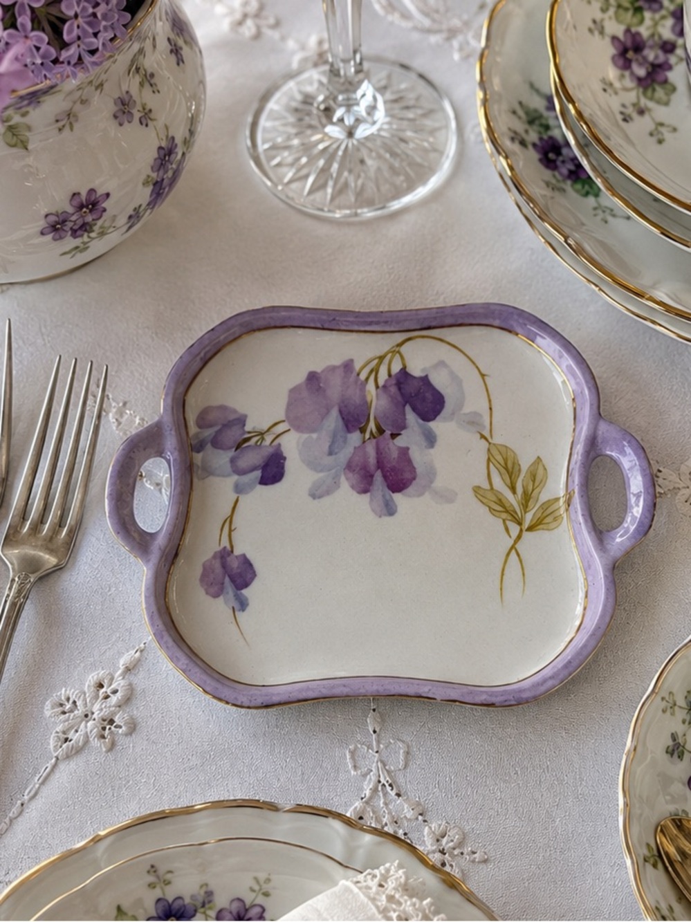 Antique RS Germany Hand-Painted Wisteria Porcelain Bonbon Tray c.1900–1915